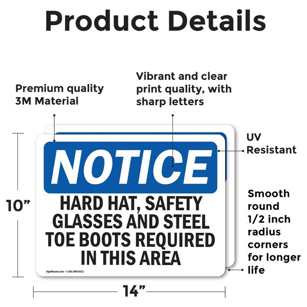 Hard Hat Safety Glasses And Steel Toe Boots OSHA Notice Sign, Vinyl Decal, 14in W X 10in L, 2PK